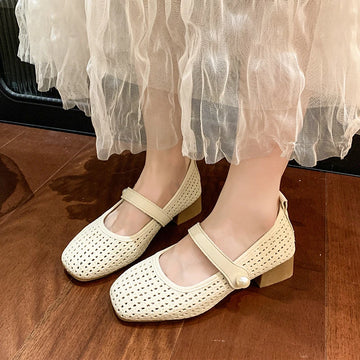 Xajzpa Spring/Summer New Style Fashionable Women's One Word Buckle Mary Janes Round Head Flat Women's Mesh Ballet Shoes Zapatos Mujer